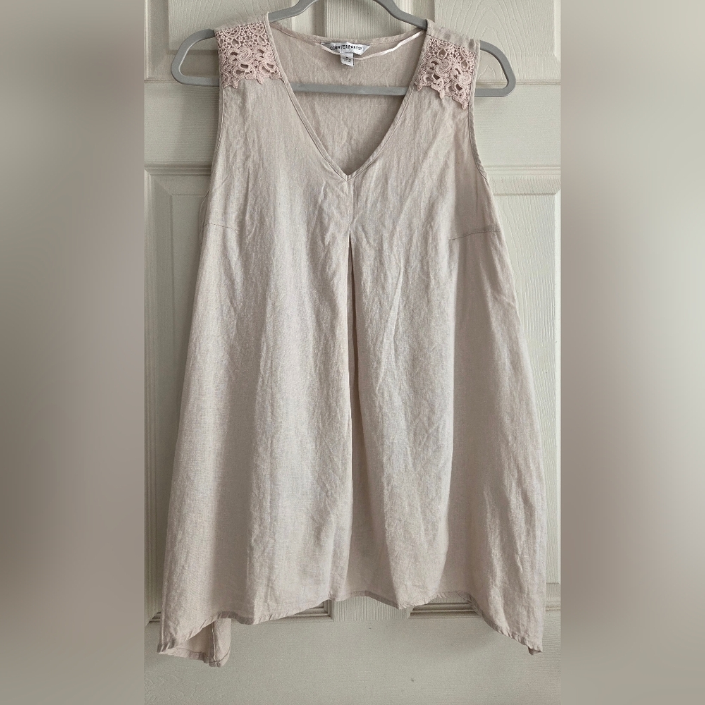Counterparts Linen Blend Sleeveless Tunic Top Beige Lace Shoulder V-Neck. Size M